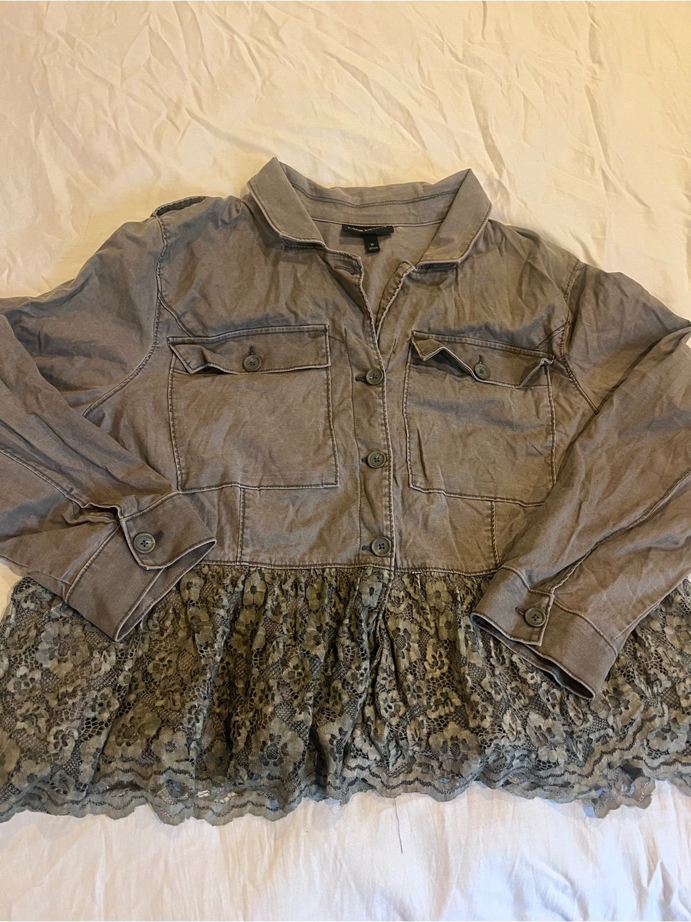Lane Bryant Women's olive Button-Front Collared Jacket Pockets w Lace Trim 28